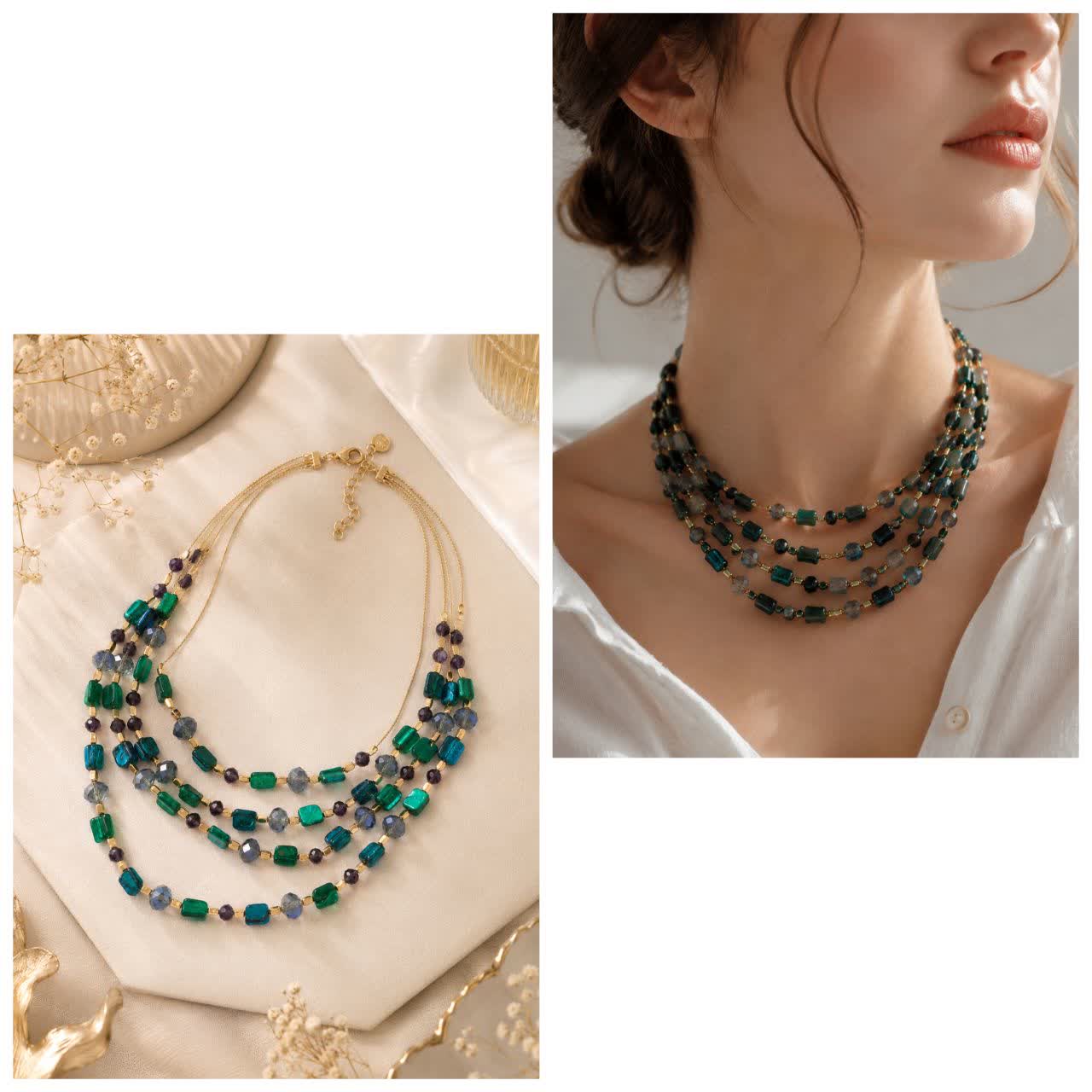 گردنبند زنانه I am چند ردیفه با مهره‌های سبز، آبی و بنفش